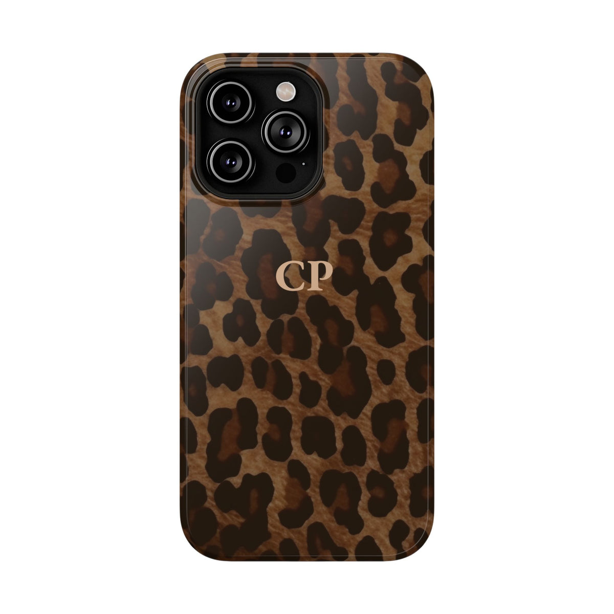Brown Leopard Monogram personalized protective phone case for iPhone 14 Pro Max, glossy finish