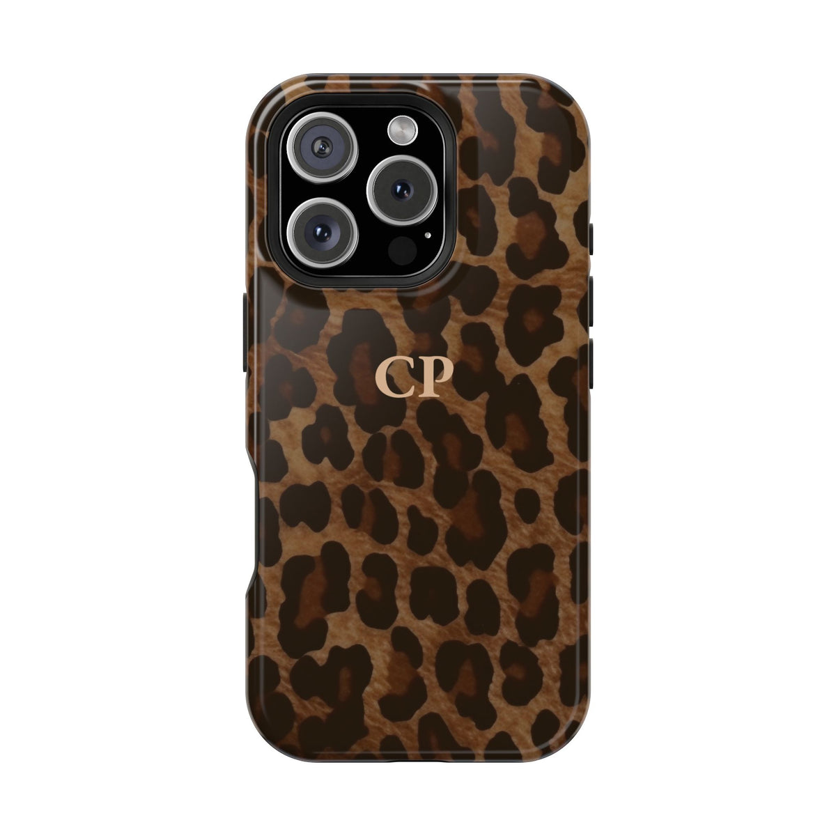 Brown Leopard Monogram personalized protective phone case for iPhone 16 Pro, glossy finish