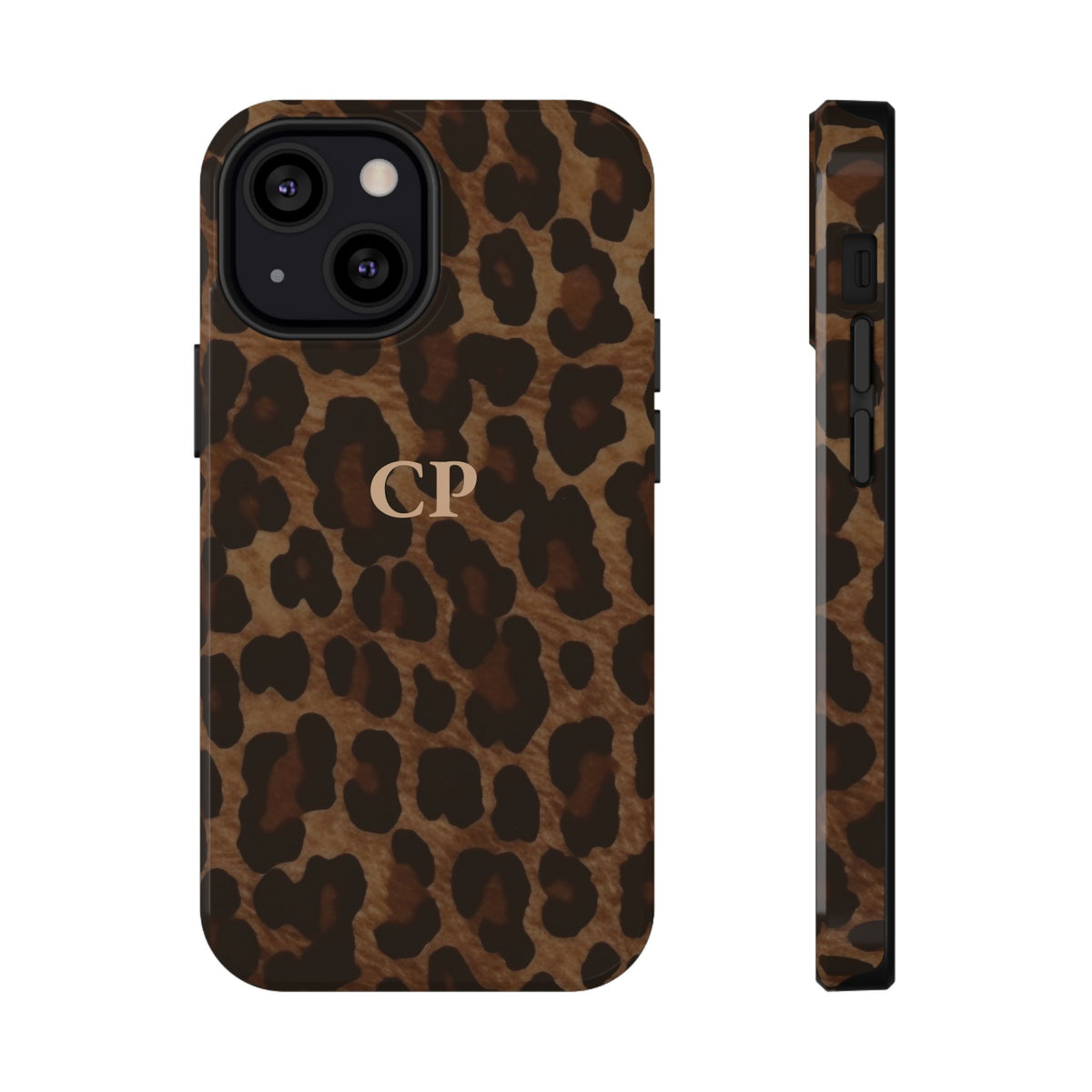 Brown Leopard Monogram personalized protective phone case for iPhone 13 Mini, glossy finish