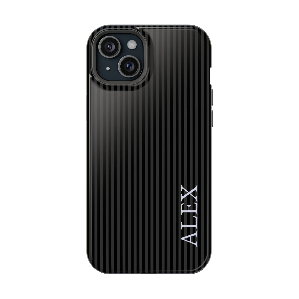Black Stripe Name personalized protective phone case for iPhone 15 Plus, glossy finish