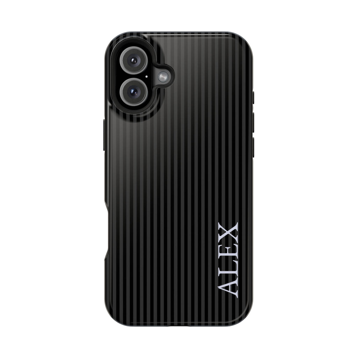 Black Stripe Name personalized protective phone case for iPhone 16 Plus, glossy finish
