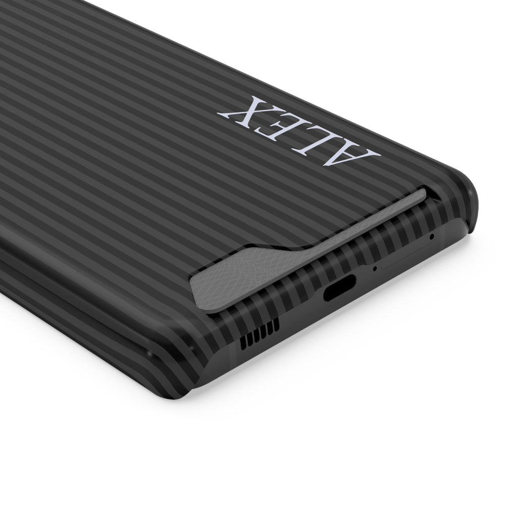 Black Stripe Name personalized phone case with card holder, close-up of the print