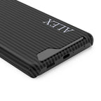 Black Stripe Name personalized phone case with card holder, close-up of the print