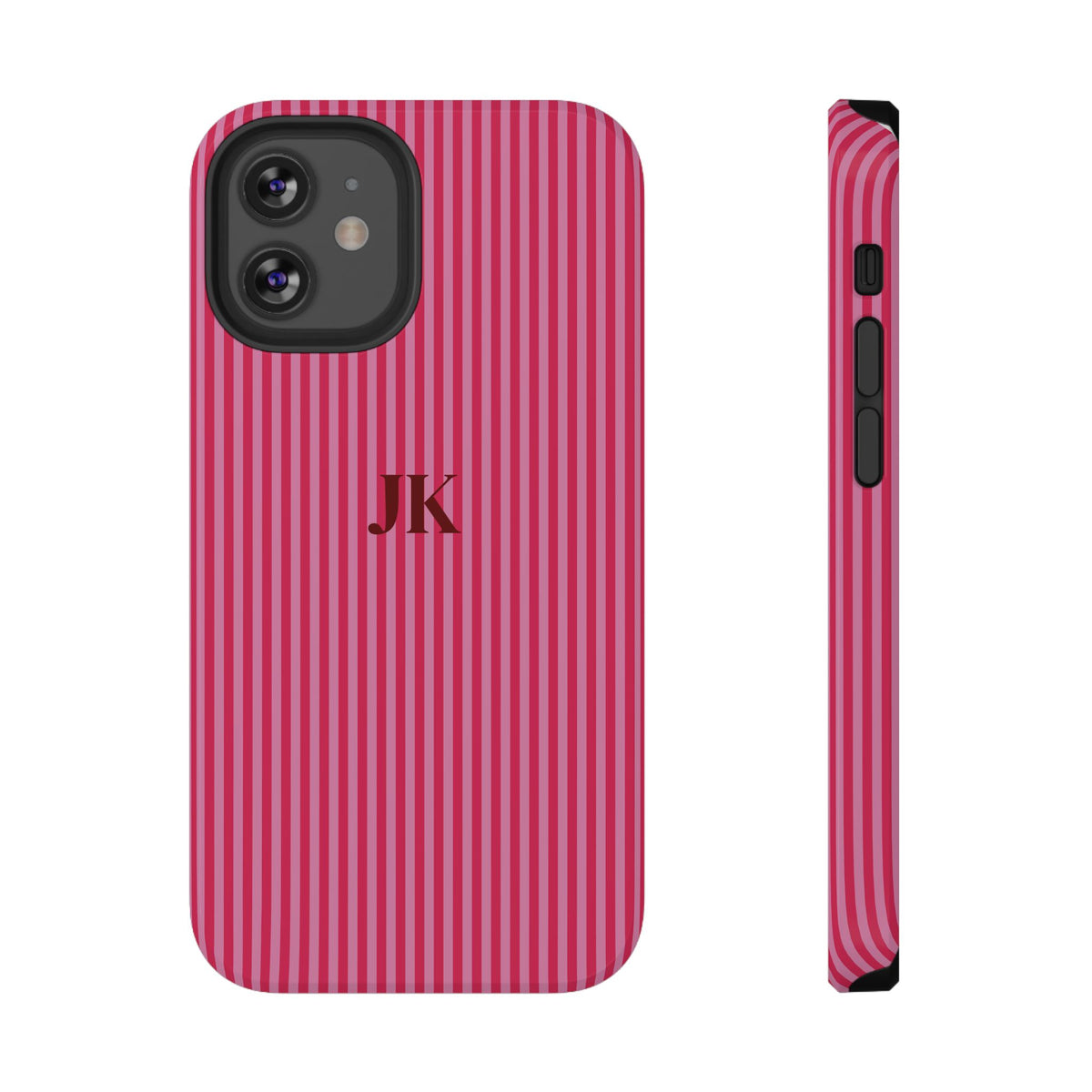 Raspberry Pinstripe Monogram personalized protective phone case for iPhone 12 Mini, glossy finish