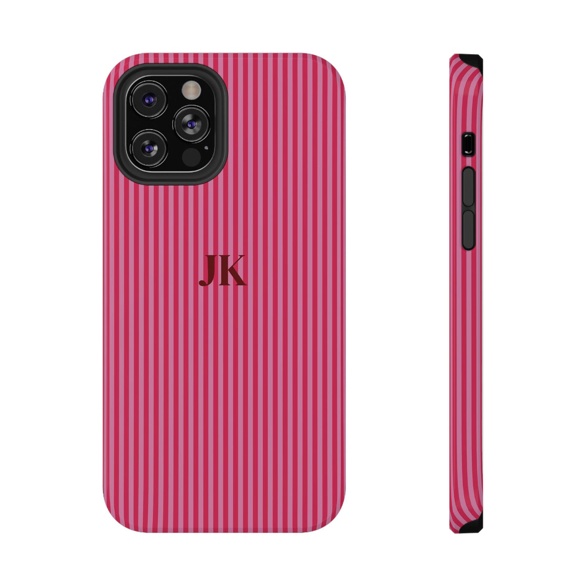 Raspberry Pinstripe Monogram personalized protective phone case for iPhone 12 Pro, glossy finish