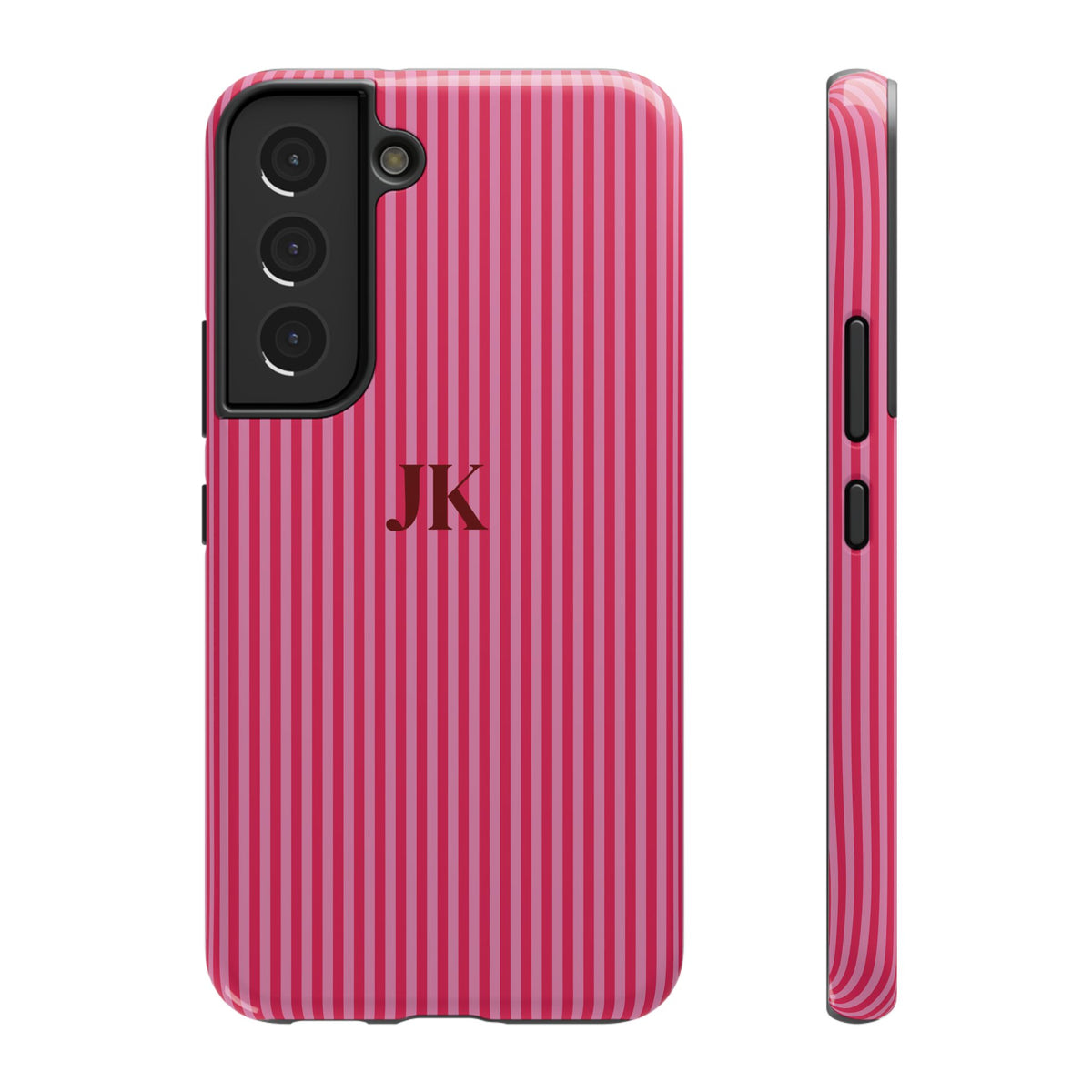 Raspberry Pinstripe Monogram personalized protective phone case for Samsung Galaxy S22, glossy finish