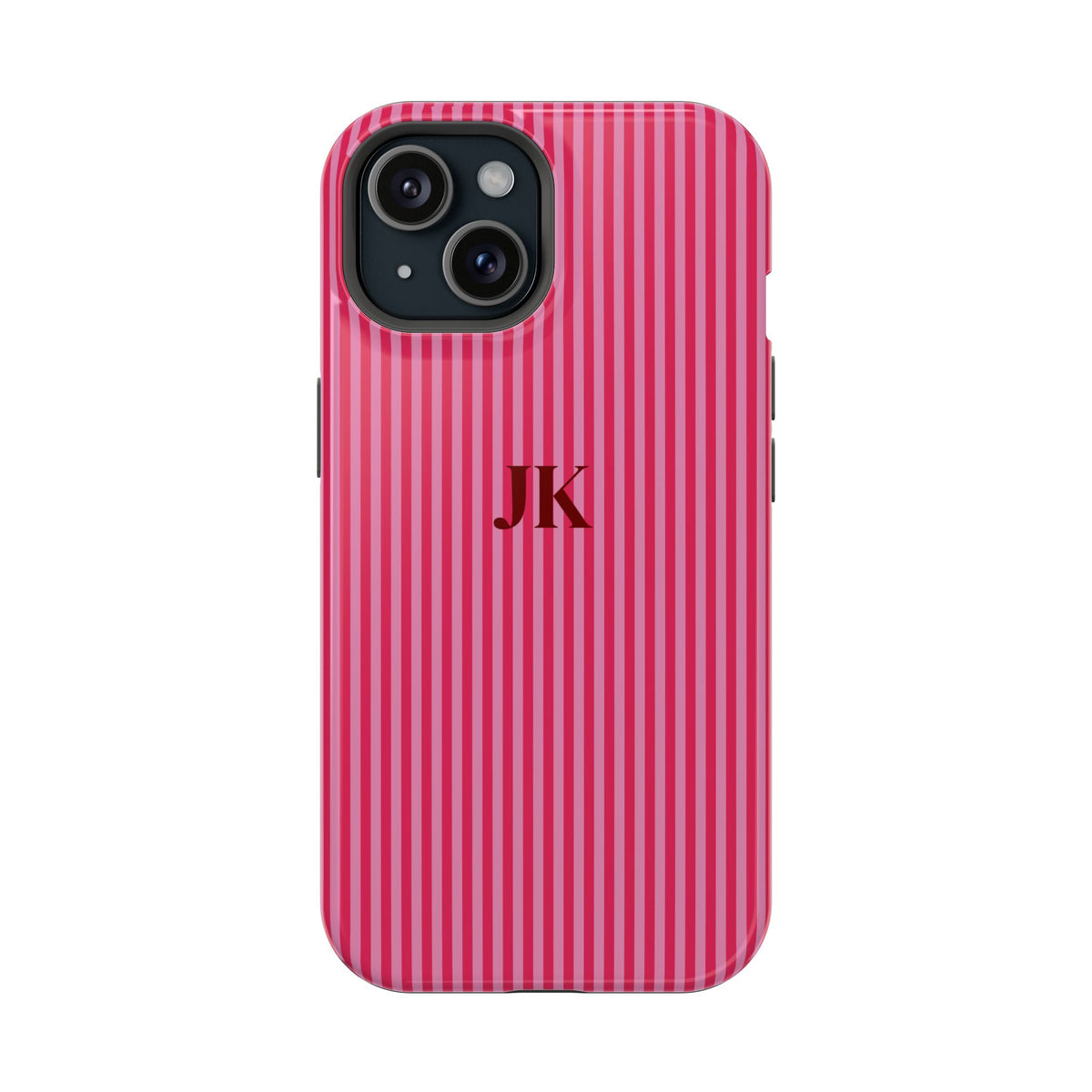 Raspberry Pinstripe Monogram personalized protective phone case for iPhone 15, glossy finish