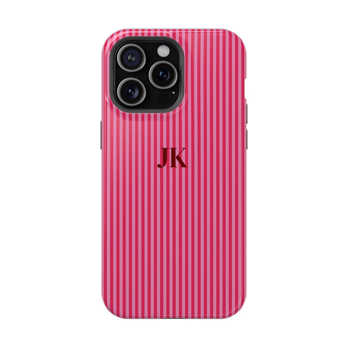 Raspberry Pinstripe Monogram personalized protective phone case for iPhone 15 Pro Max, glossy finish
