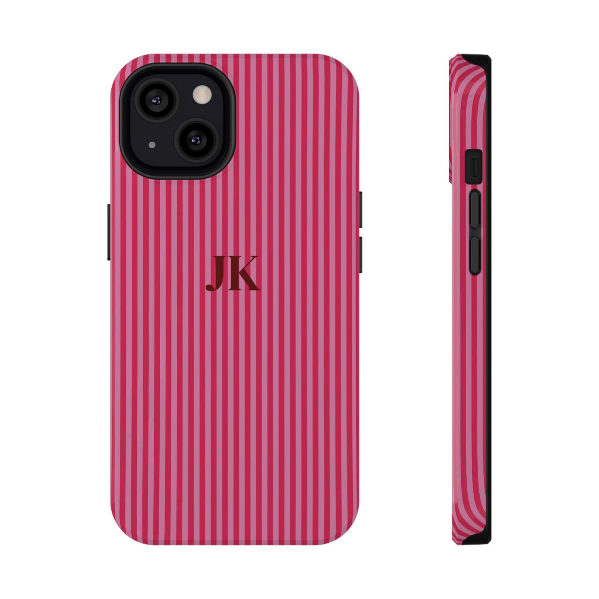 Raspberry Pinstripe Monogram personalized protective phone case for iPhone 13, glossy finish