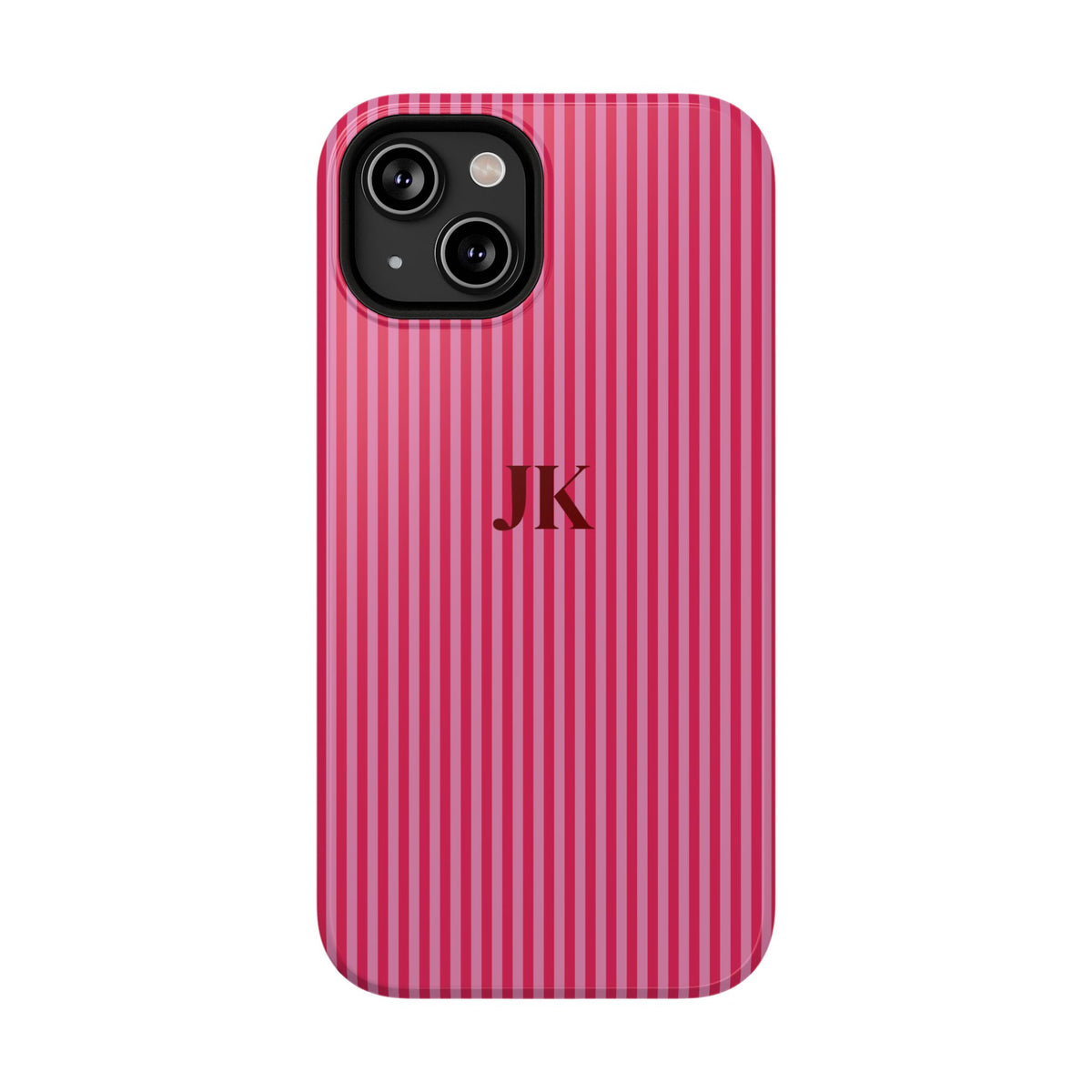 Raspberry Pinstripe Monogram personalized protective phone case for iPhone 14, glossy finish