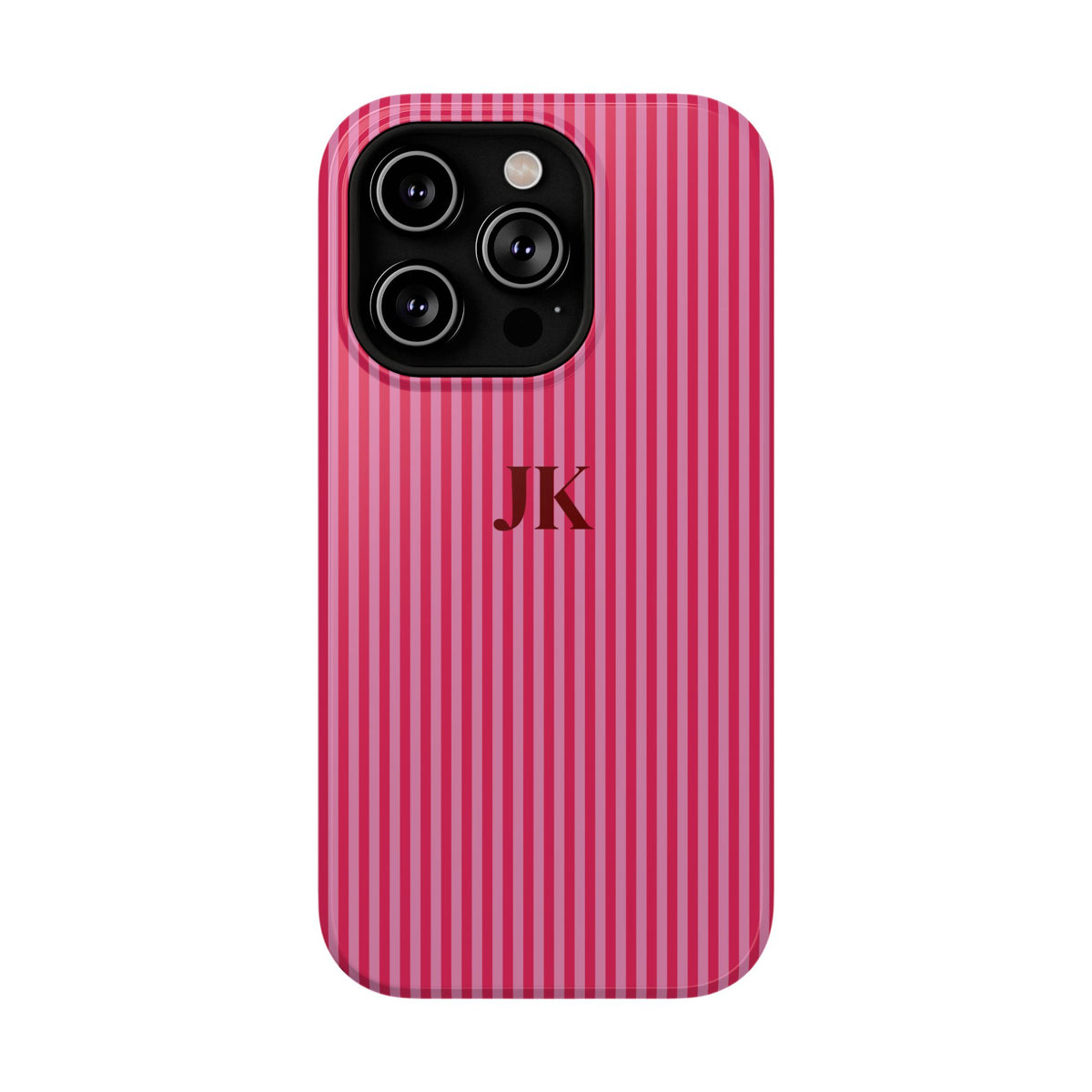 Raspberry Pinstripe Monogram personalized protective phone case for iPhone 14 Pro, glossy finish
