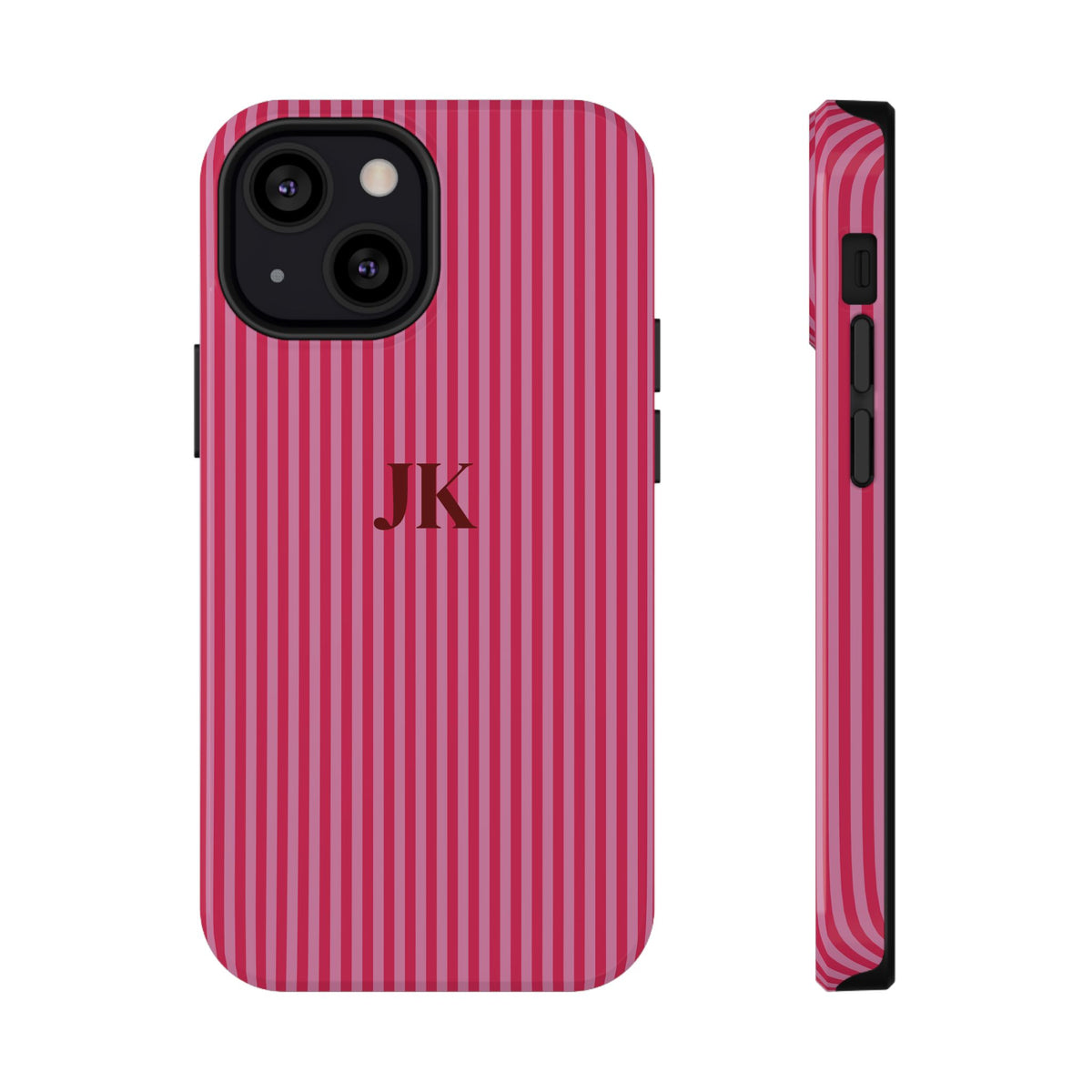 Raspberry Pinstripe Monogram personalized protective phone case for iPhone 13 Mini, glossy finish