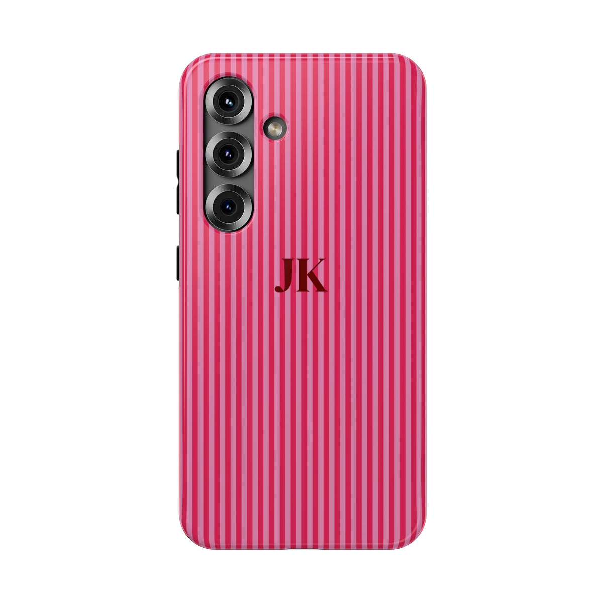 Raspberry Pinstripe Monogram personalized protective phone case for Samsung Galaxy S25, glossy finish