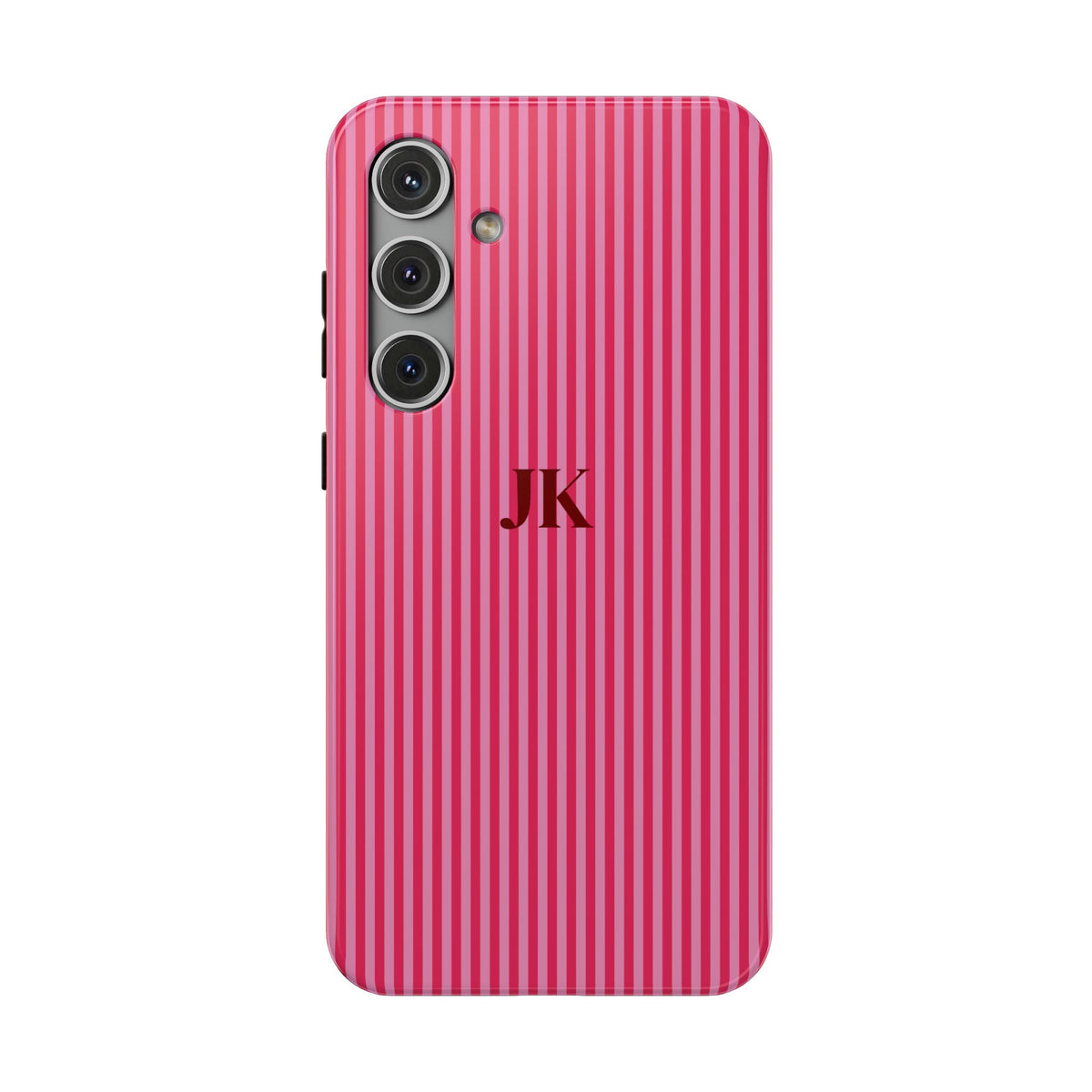 Raspberry Pinstripe Monogram personalized protective phone case for Samsung Galaxy S24 Plus, glossy finish