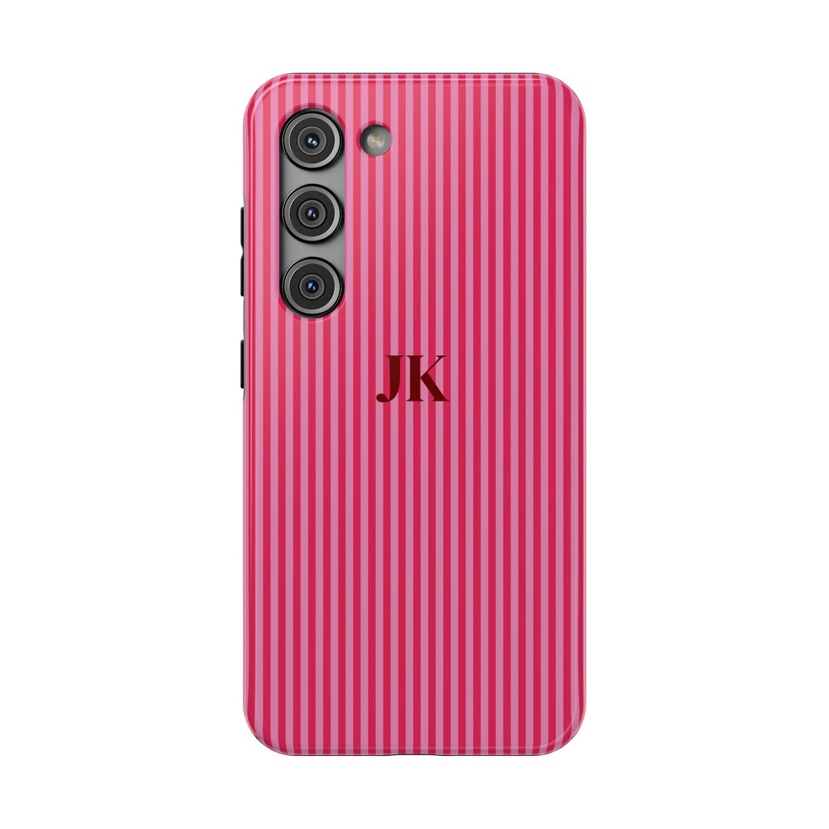 Raspberry Pinstripe Monogram personalized protective phone case for Samsung Galaxy S23, glossy finish