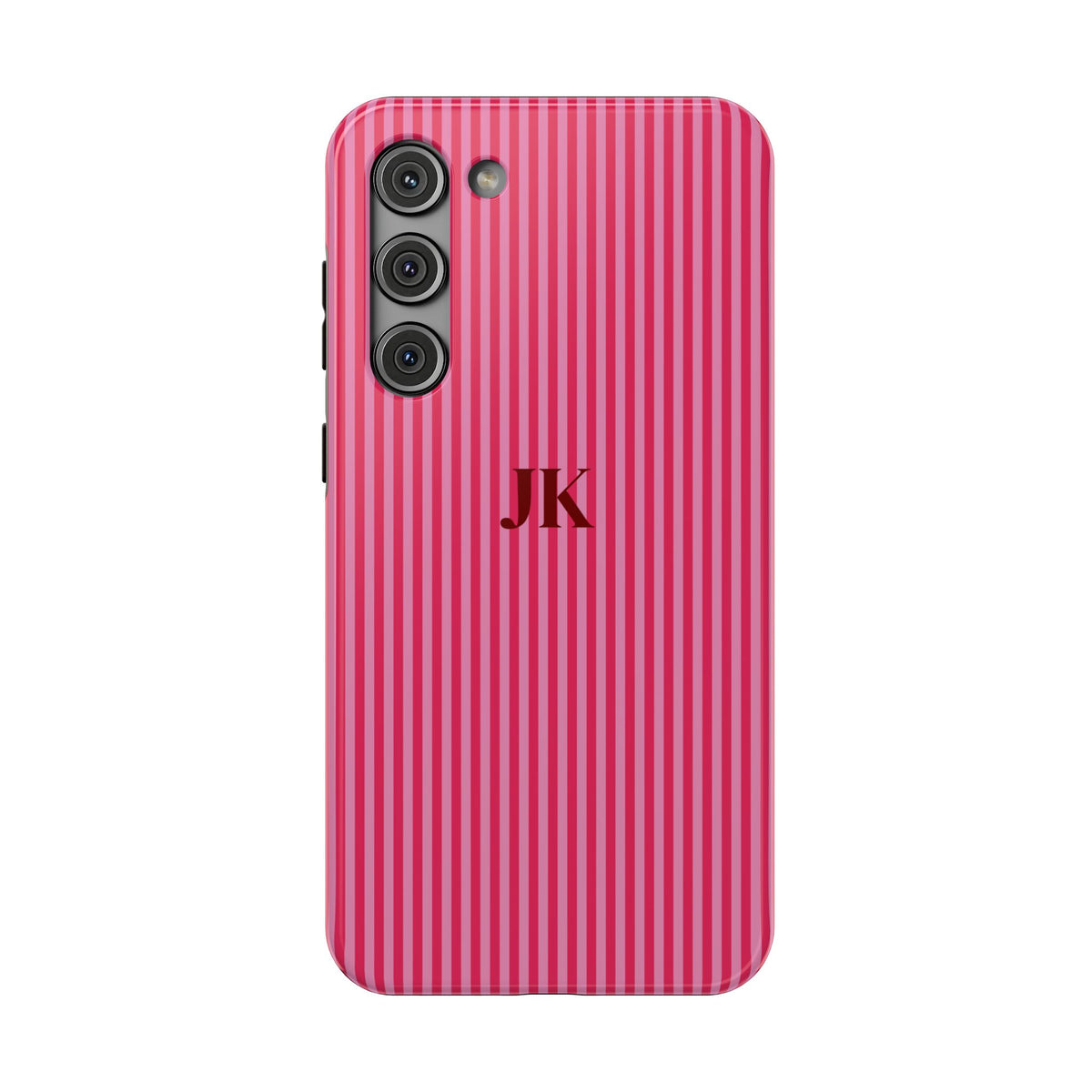 Raspberry Pinstripe Monogram personalized protective phone case for Samsung Galaxy S23 Plus, glossy finish