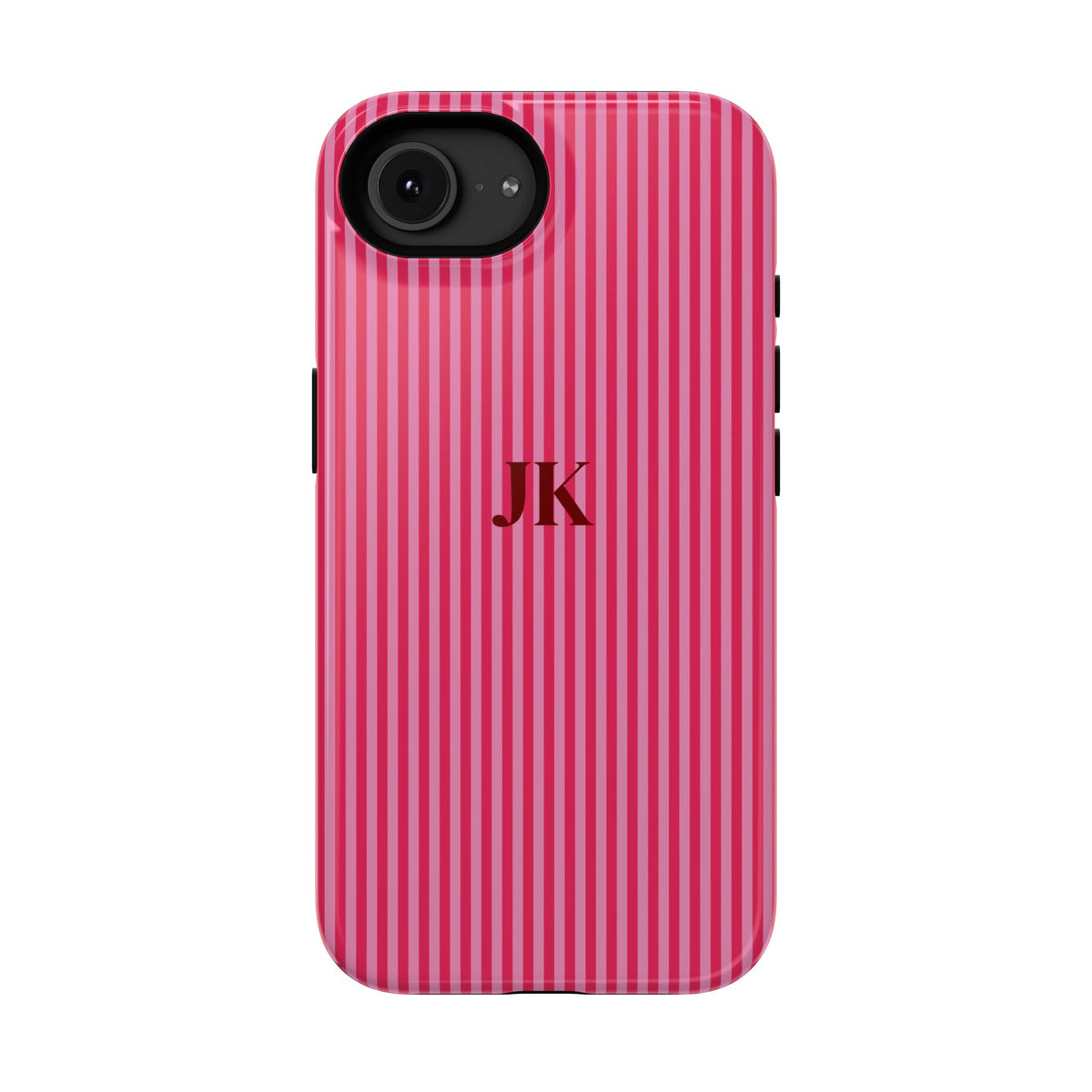 Raspberry Pinstripe Monogram personalized protective phone case for iPhone 16e, glossy finish