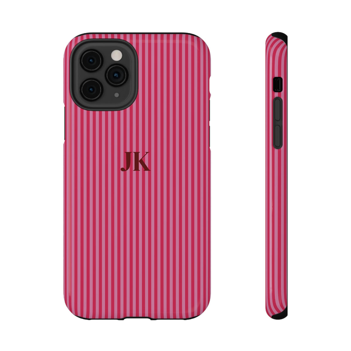 Raspberry Pinstripe Monogram personalized protective phone case for iPhone 11 Pro, glossy finish