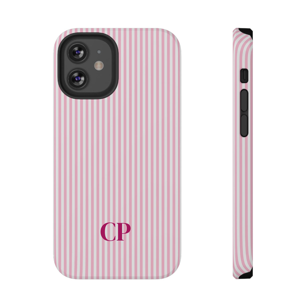 Blush Pinstripe Monogram personalized protective phone case for iPhone 12 Mini, glossy finish