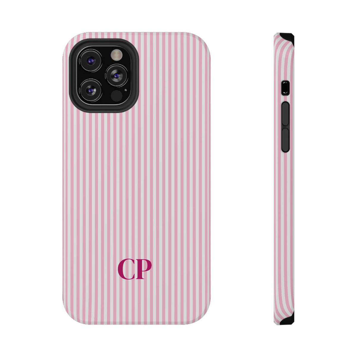 Blush Pinstripe Monogram personalized protective phone case for iPhone 12 Pro, glossy finish