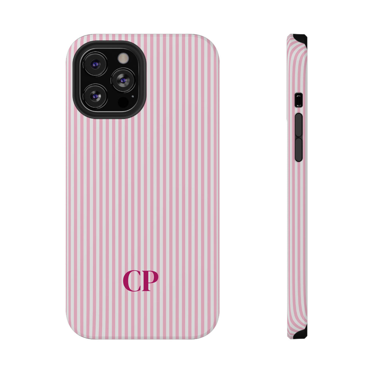 Blush Pinstripe Monogram personalized protective phone case for iPhone 12 Pro Max, glossy finish