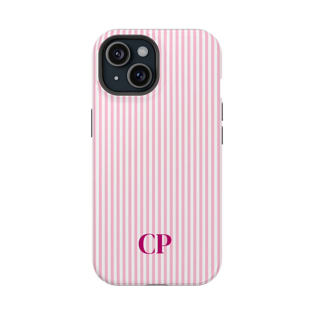 Blush Pinstripe Monogram personalized protective phone case for iPhone 15, glossy finish