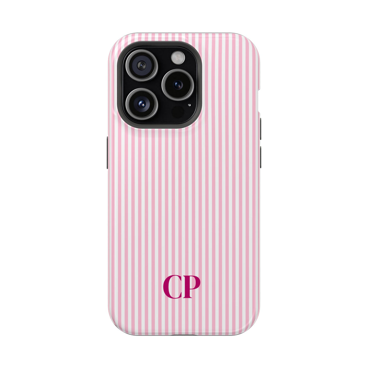 Blush Pinstripe Monogram personalized protective phone case for iPhone 15 Pro, glossy finish