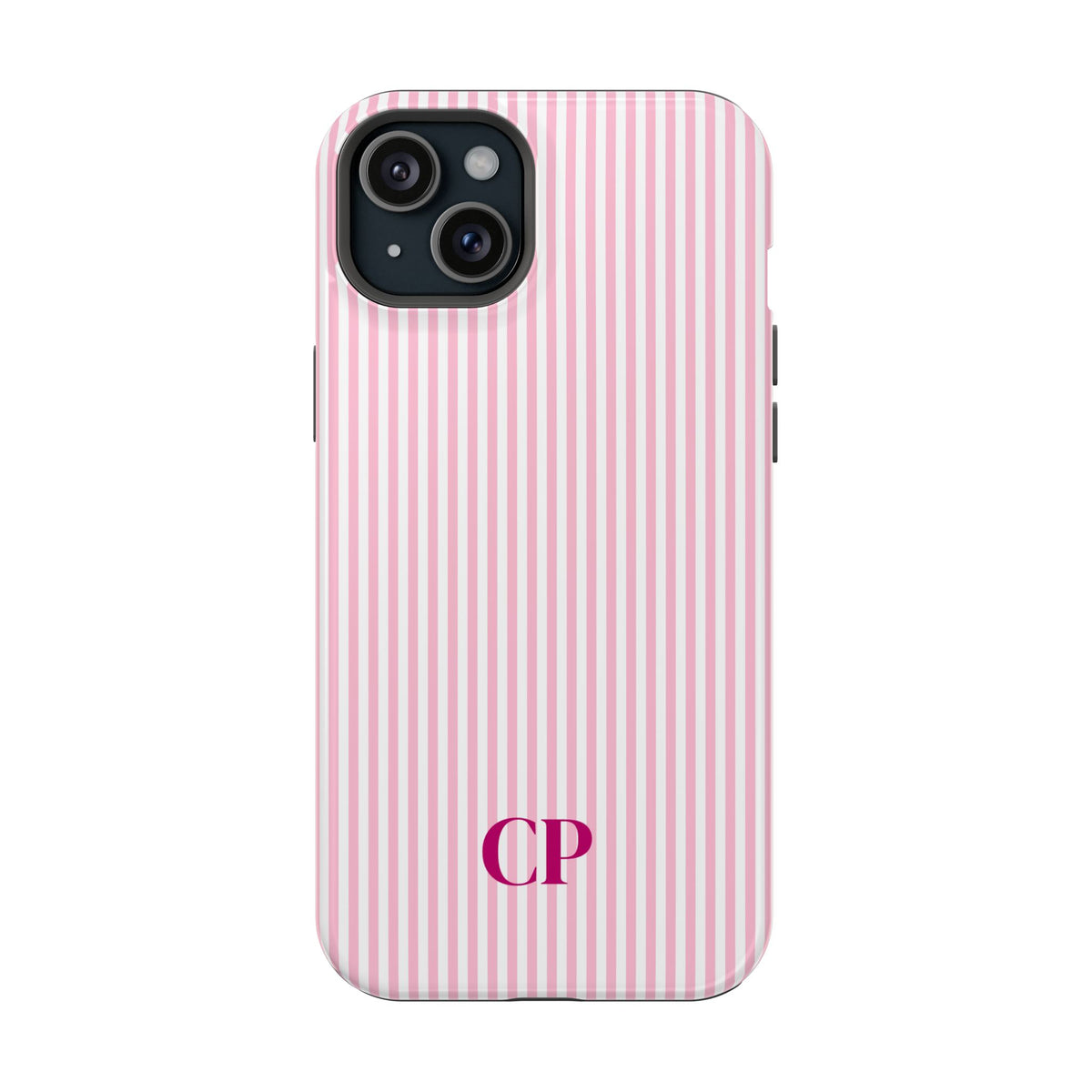 Blush Pinstripe Monogram personalized protective phone case for iPhone 15 Plus, glossy finish