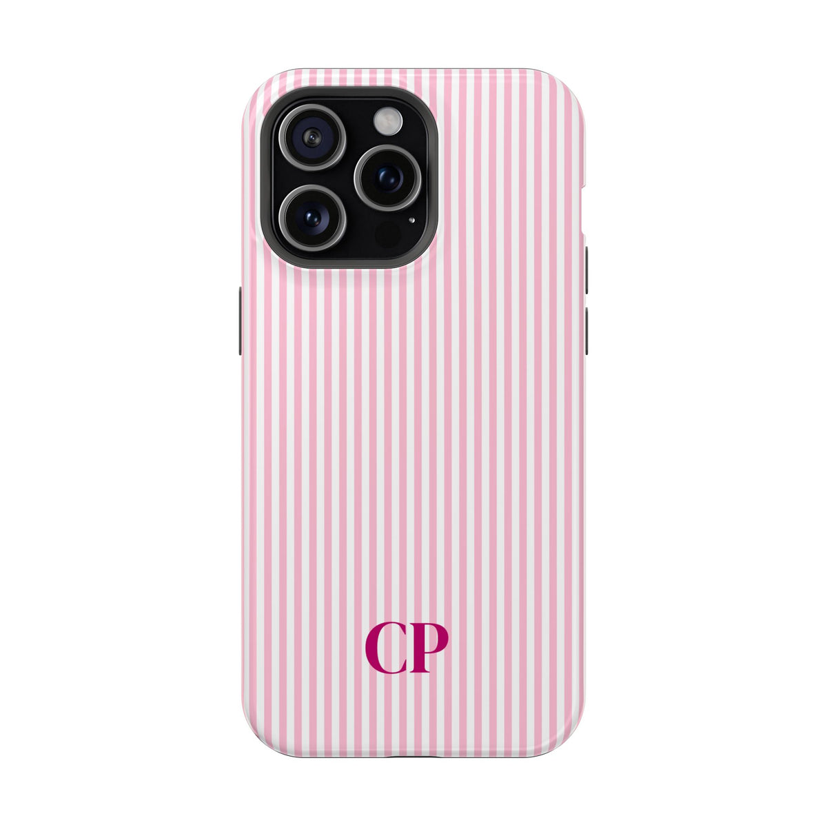Blush Pinstripe Monogram personalized protective phone case for iPhone 15 Pro Max, glossy finish