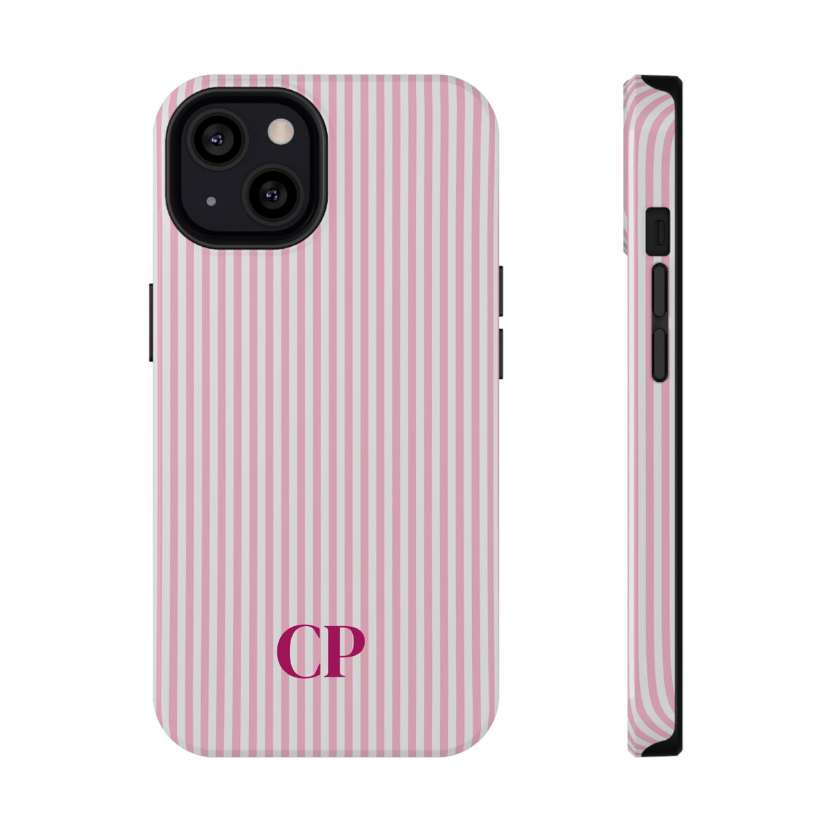 Blush Pinstripe Monogram personalized protective phone case for iPhone 13, glossy finish
