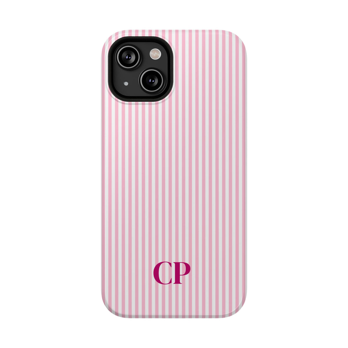 Blush Pinstripe Monogram personalized protective phone case for iPhone 14, glossy finish