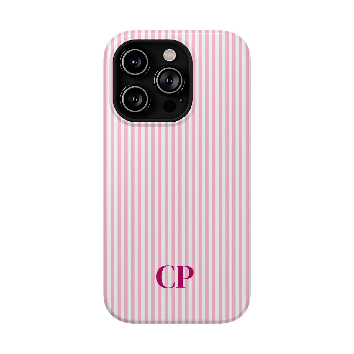 Blush Pinstripe Monogram personalized protective phone case for iPhone 14 Pro, glossy finish