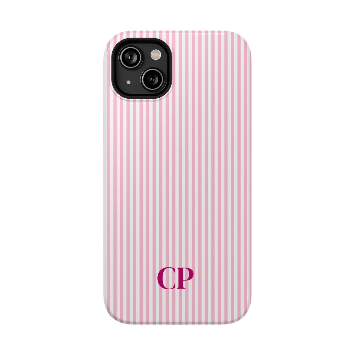Blush Pinstripe Monogram personalized protective phone case for iPhone 14 Plus, glossy finish