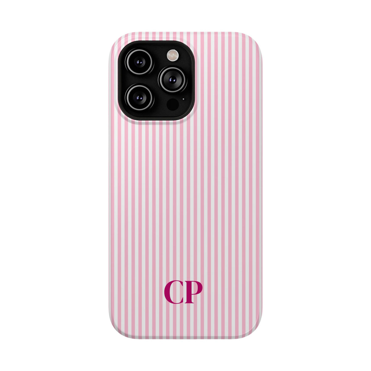 Blush Pinstripe Monogram personalized protective phone case for iPhone 14 Pro Max, glossy finish