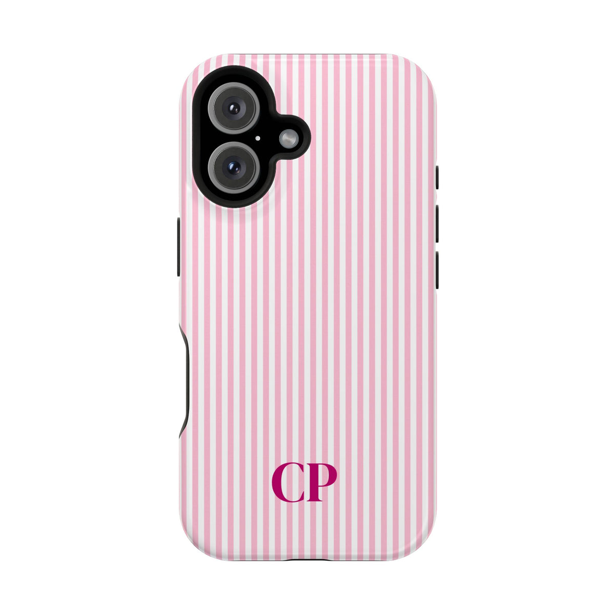 Blush Pinstripe Monogram personalized protective phone case for iPhone 16, glossy finish