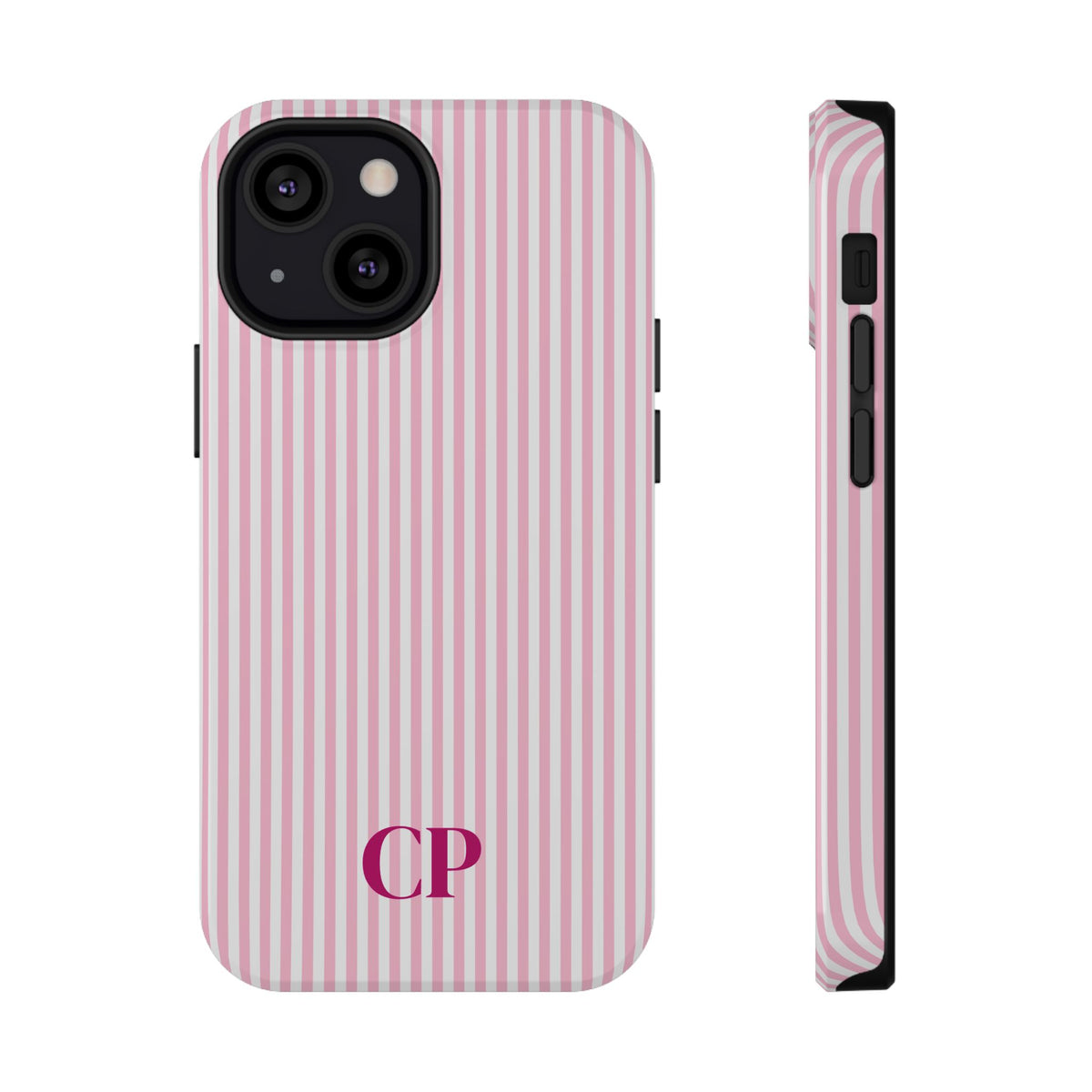 Blush Pinstripe Monogram personalized protective phone case for iPhone 13 Mini, glossy finish