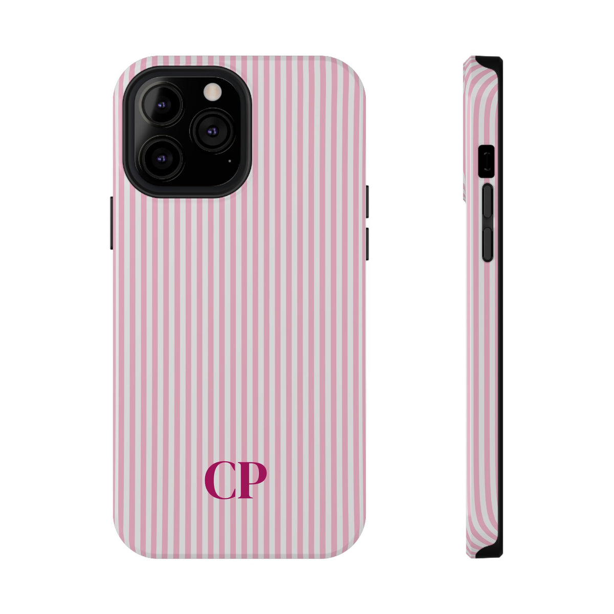 Blush Pinstripe Monogram personalized protective phone case for iPhone 13 Pro Max, glossy finish