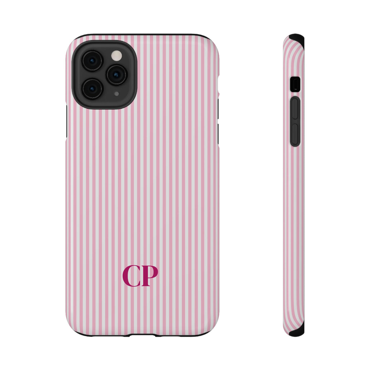 Blush Pinstripe Monogram personalized protective phone case for iPhone 11 Pro Max, glossy finish