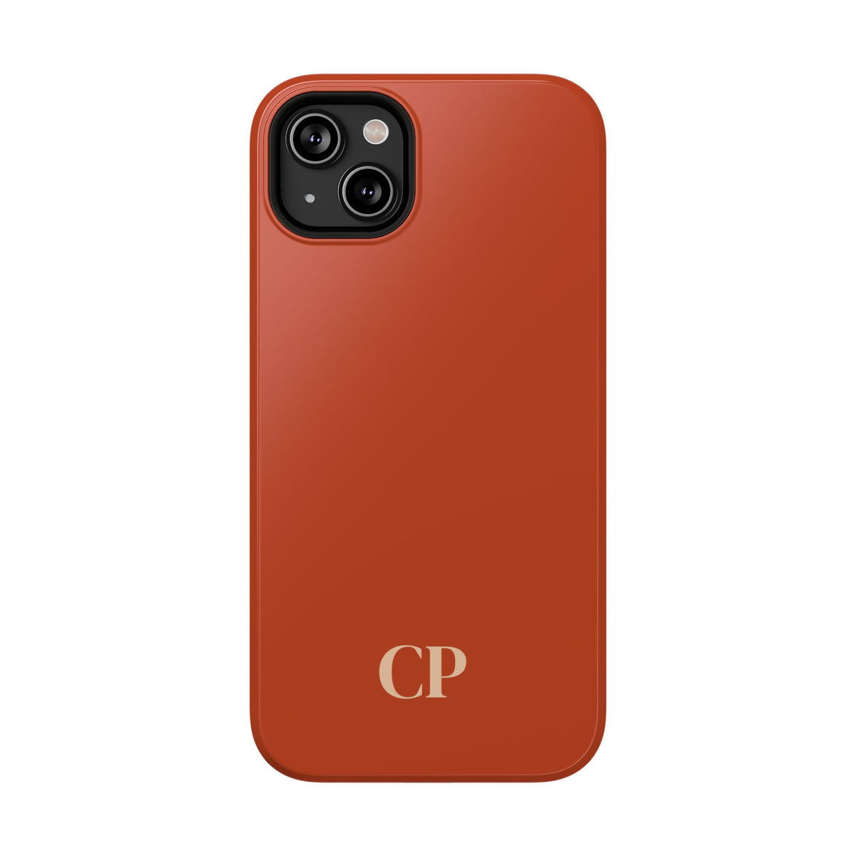 Terracotta Monogram personalized protective phone case for iPhone 14 Plus, glossy finish