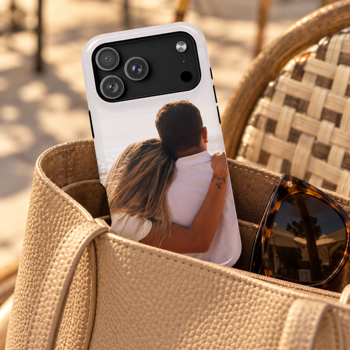 Personalized photo protective phone case, your own photo printed edge to edge, lifestyle photo in a handbag