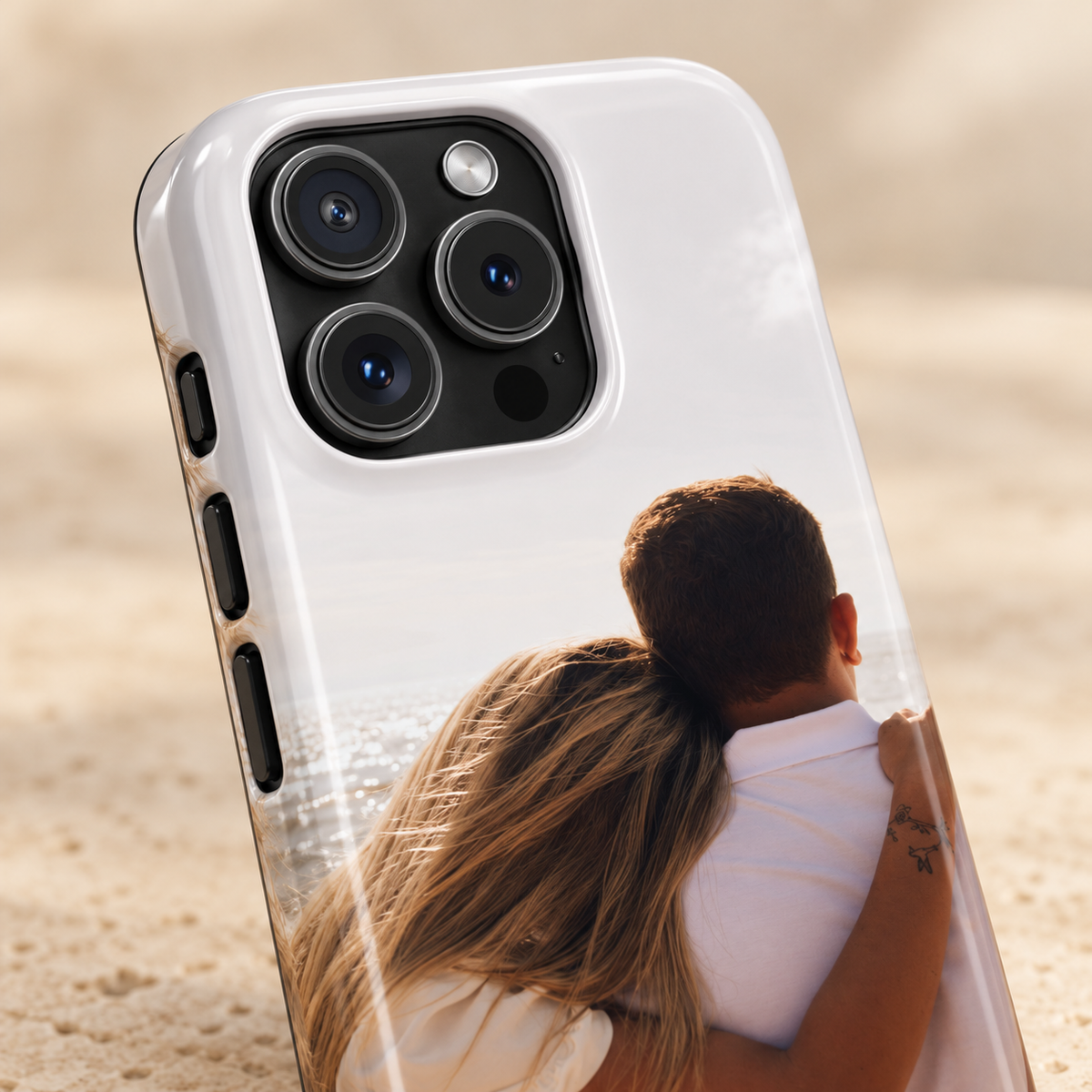 Personalized photo protective phone case, your own photo printed edge to edge, lifestyle close-up of the camera