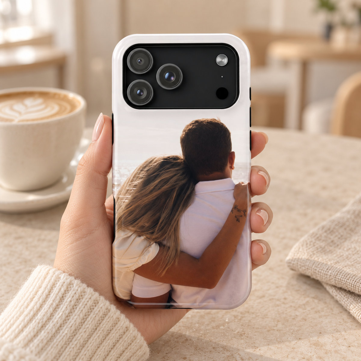 Personalized photo protective phone case, your own photo printed edge to edge, lifestyle photo in hand with coffee