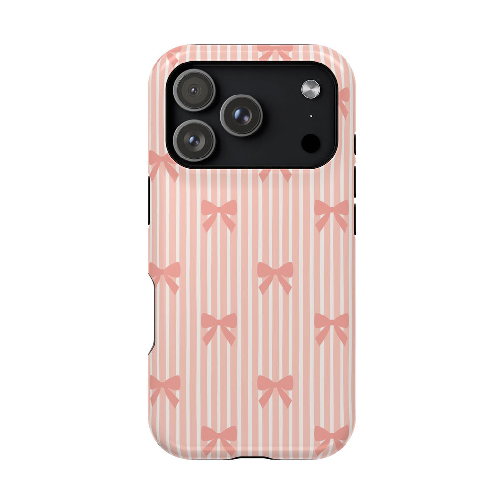 Peach Bow Stripe protective phone case for iPhone 18 Pro, glossy finish