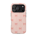 Peach Bow Stripe protective phone case for iPhone 18 Pro, glossy finish