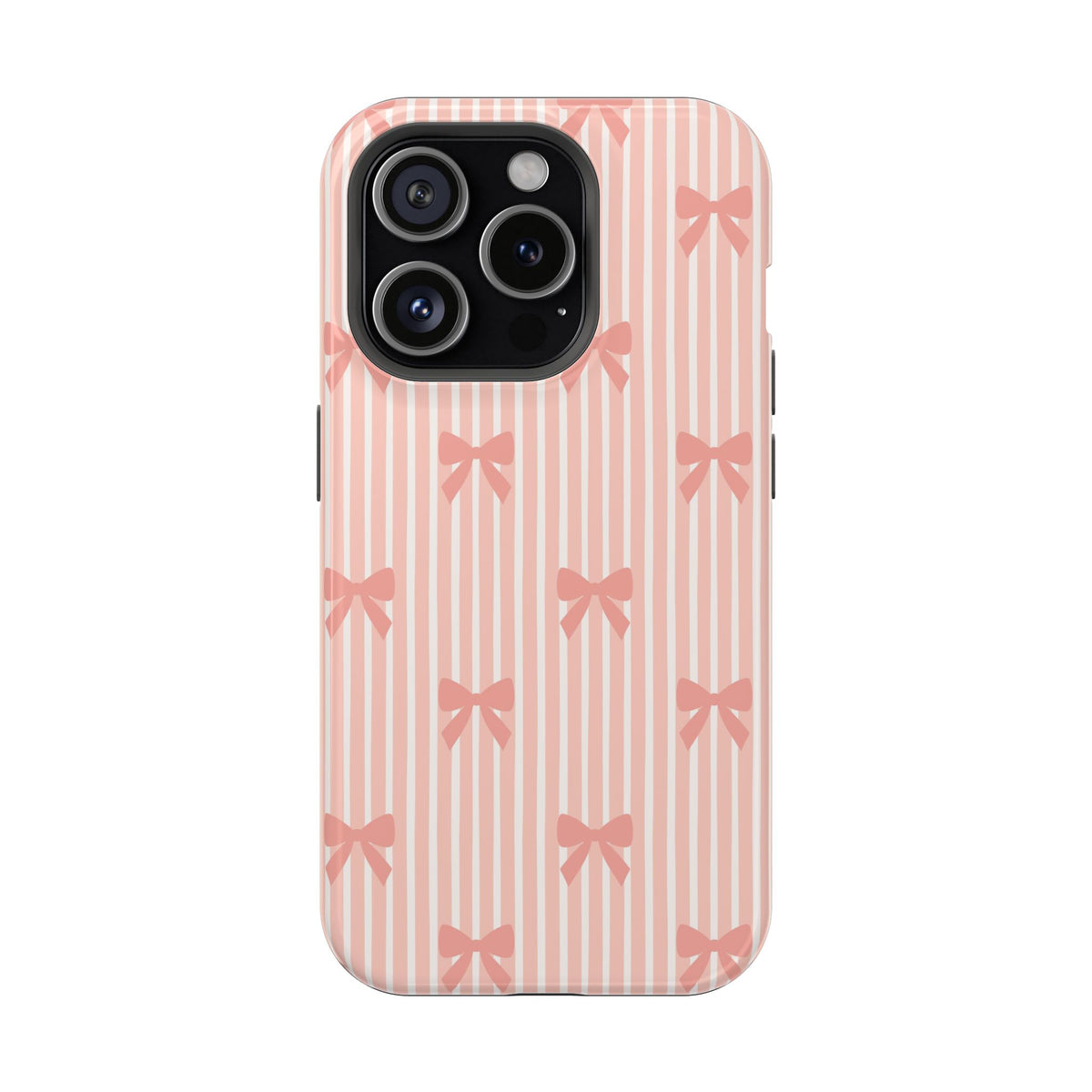 Peach Bow Stripe protective phone case for iPhone 15 Pro, glossy finish