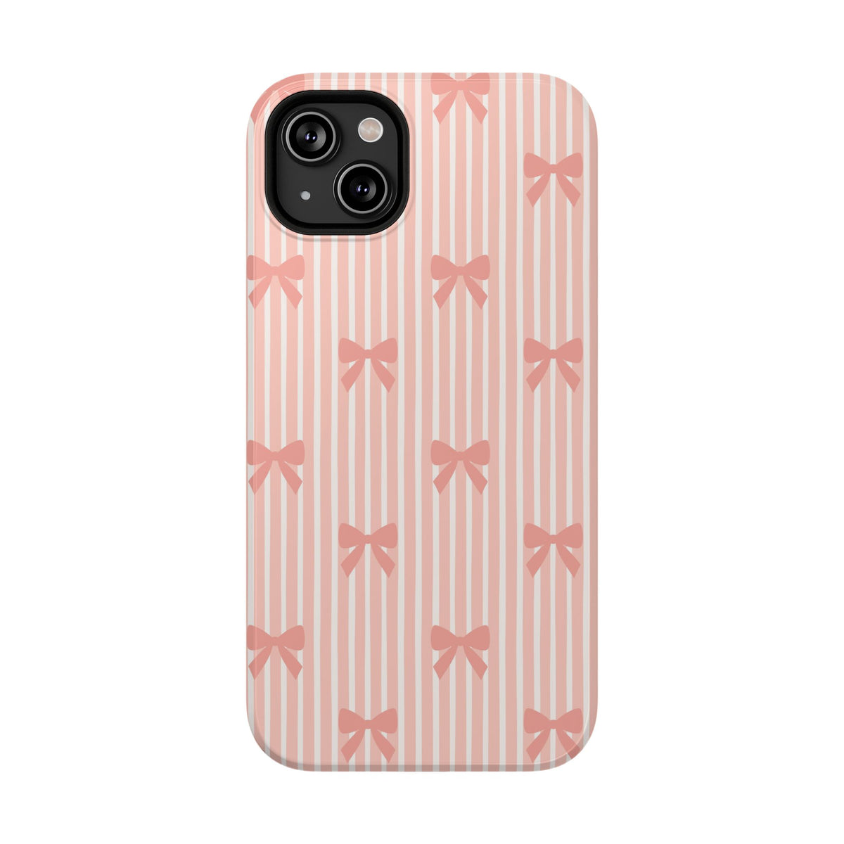 Peach Bow Stripe protective phone case for iPhone 14 Plus, glossy finish
