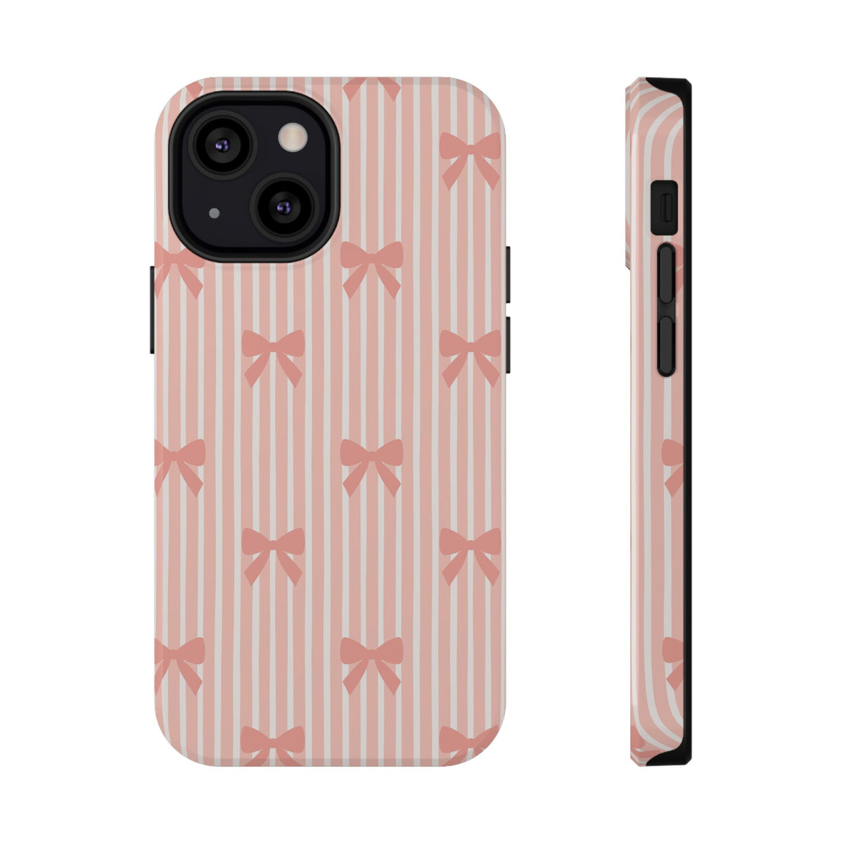 Peach Bow Stripe protective phone case for iPhone 13 Mini, glossy finish