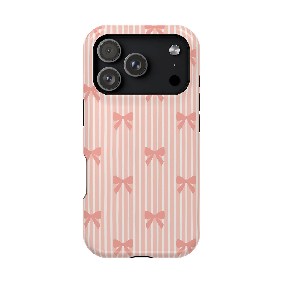 Peach Bow Stripe protective phone case for iPhone 17 Pro, glossy finish