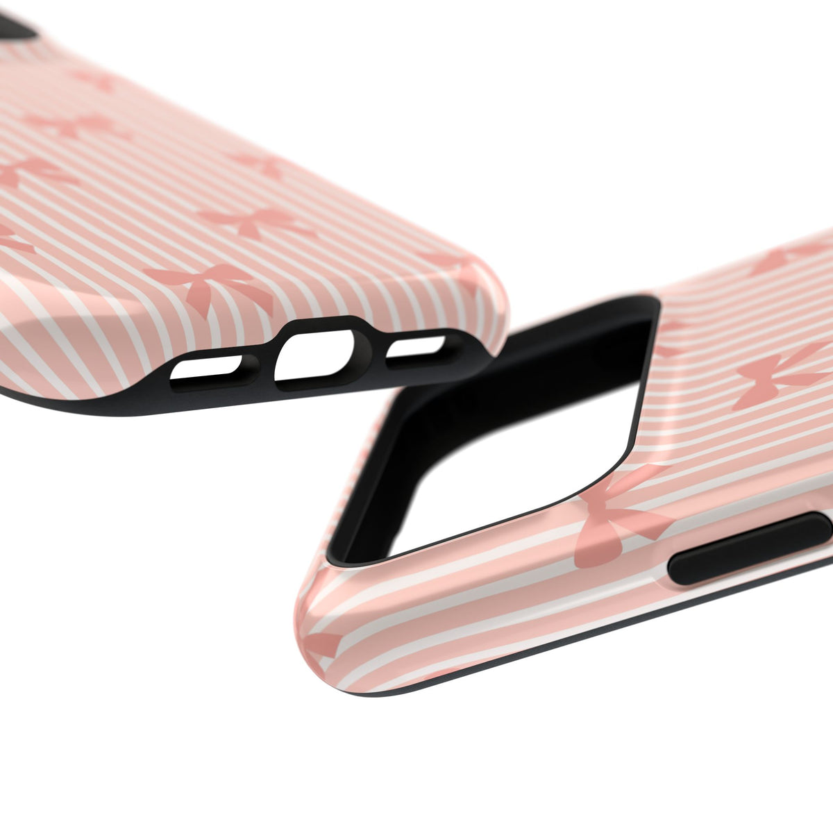 Peach Bow Stripe protective phone case, close-up at an angle
