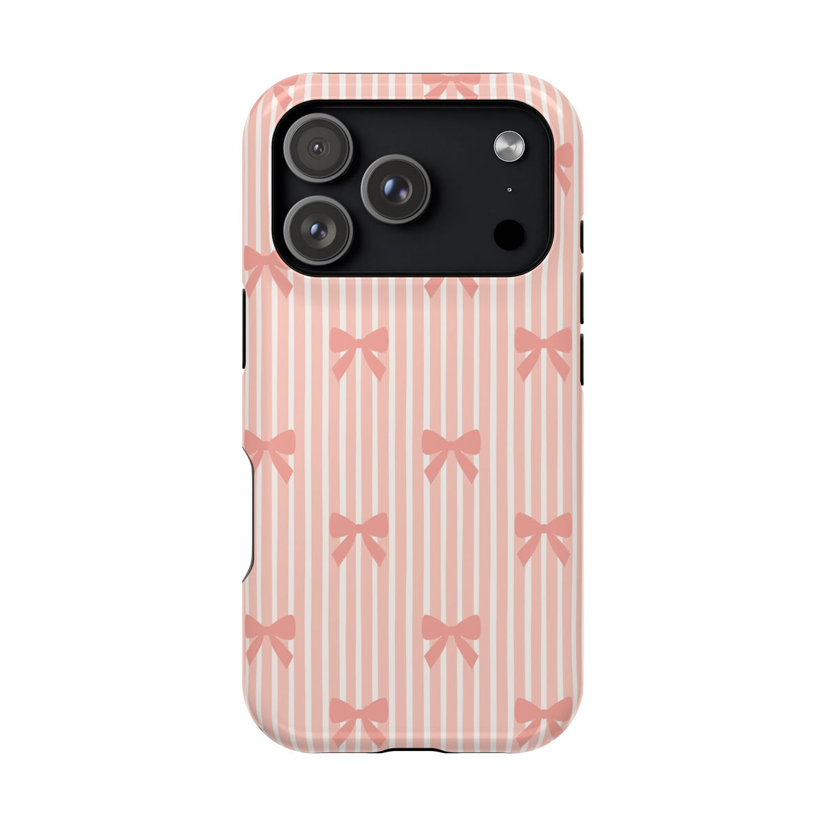 Peach Bow Stripe MagSafe case for iPhone 17 Pro, glossy finish